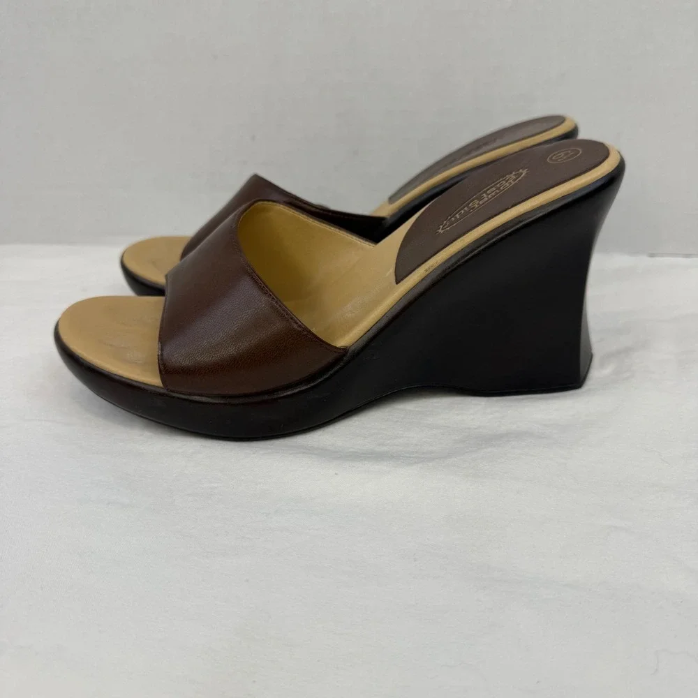 Y2K Lower East Side Brown Wedge Sandals Platform Slide Heels Vintage Womens 6.5